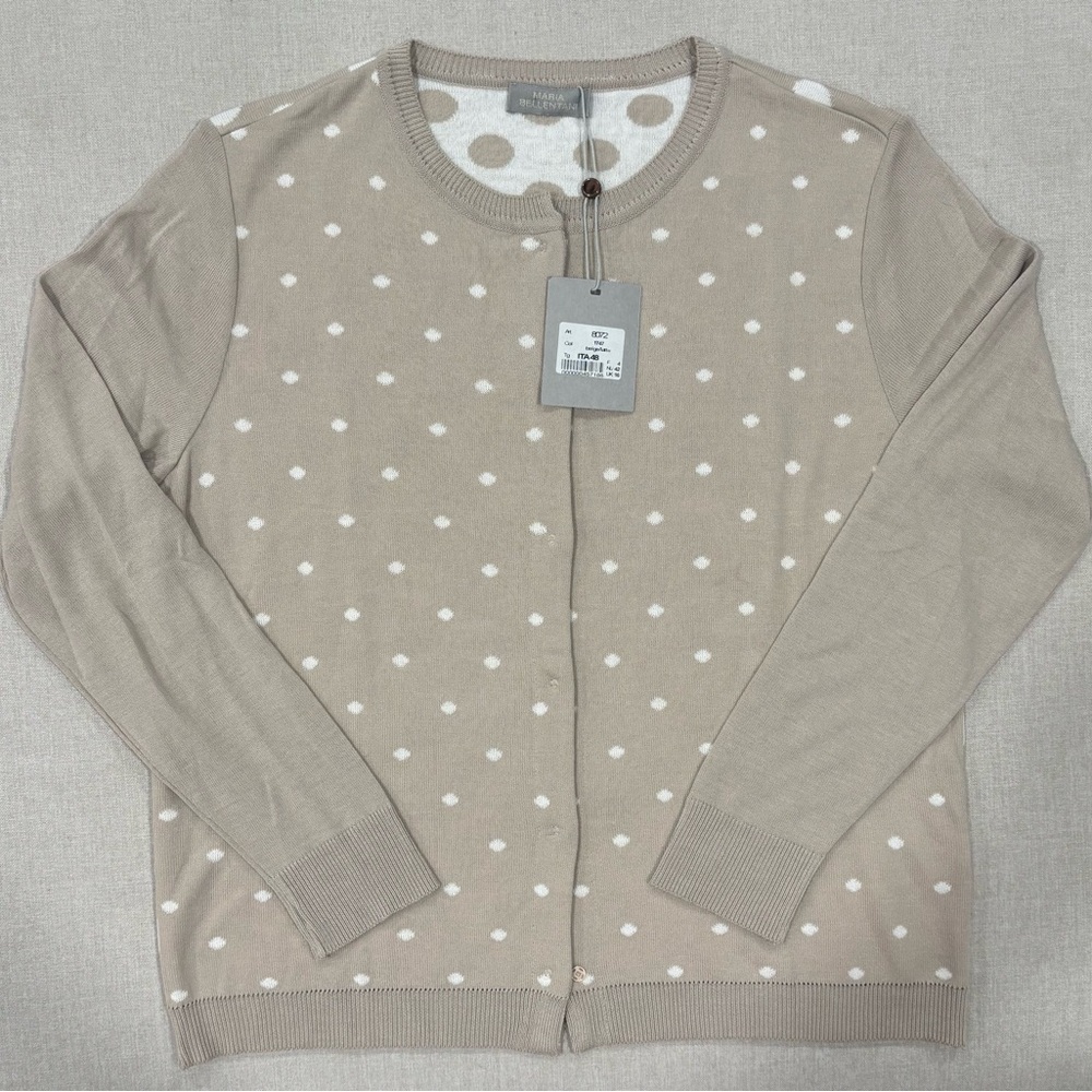 Maria Bellentani Women's Beige/White Polka Dot Cardigan Sweater Size XL